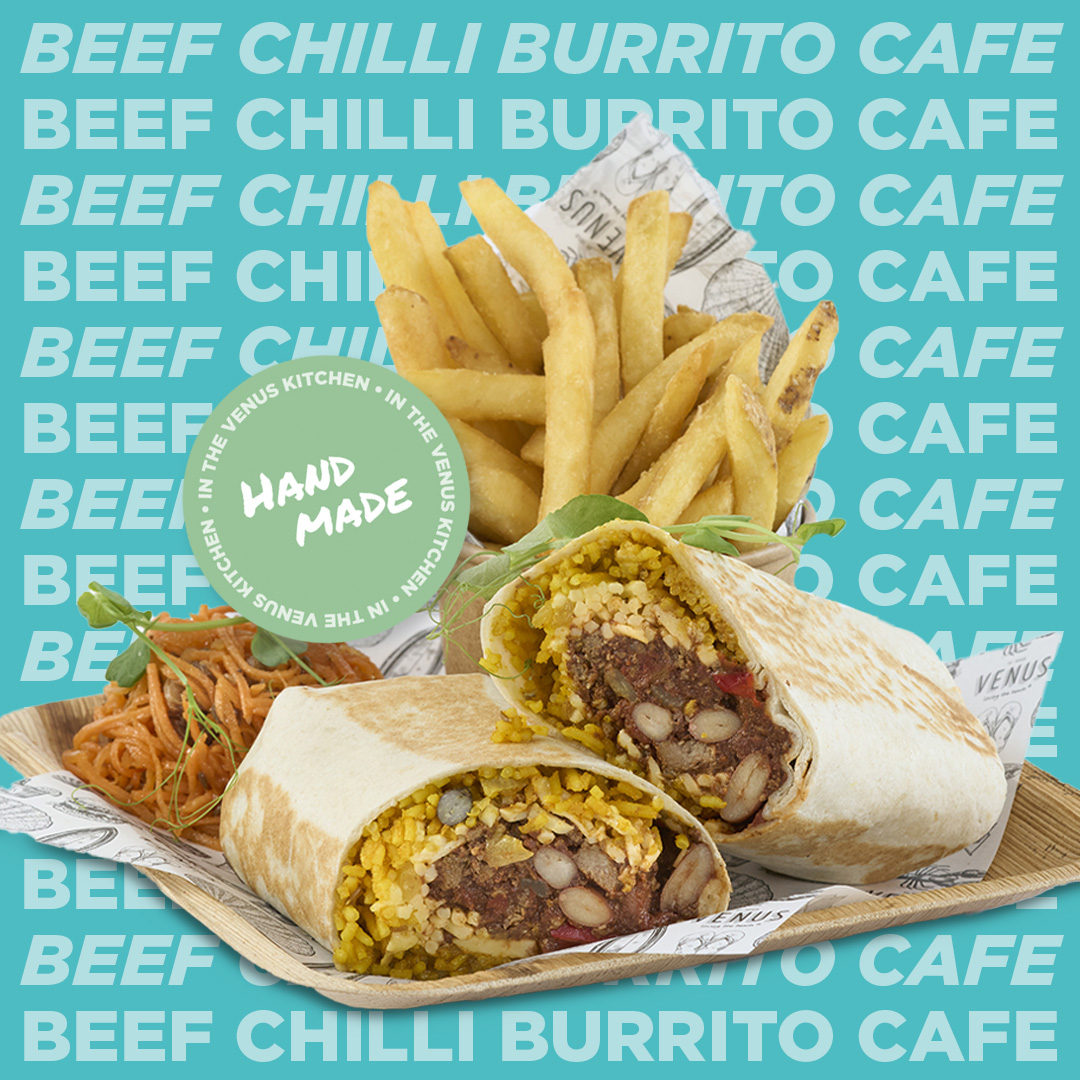 Beef chilli burrito with fries