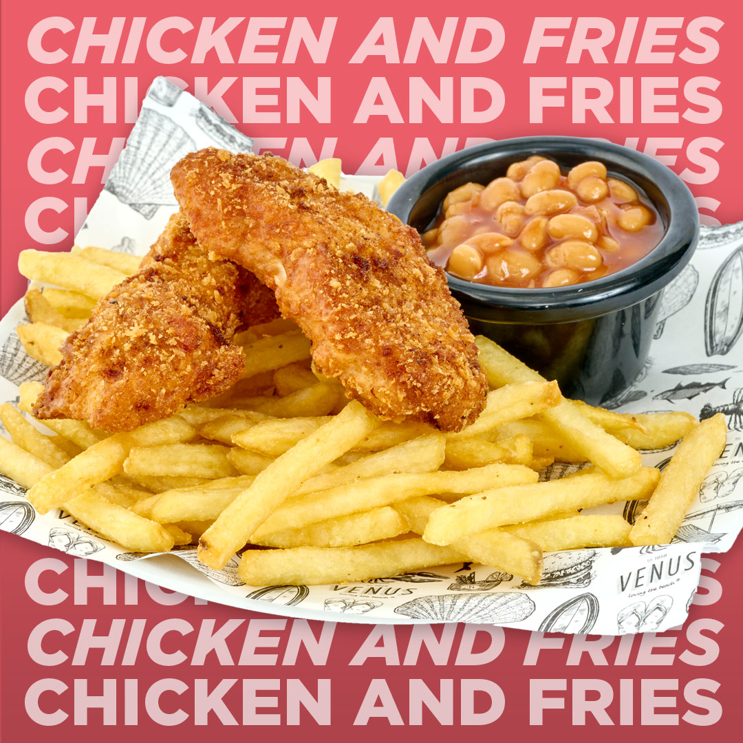 Chicken, fries and baked beans