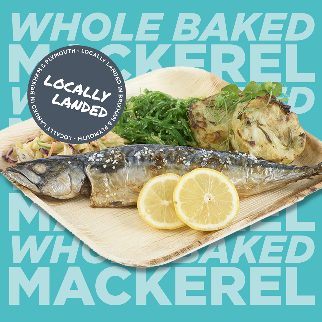 Whole local oven baked mackerel - gluten free available