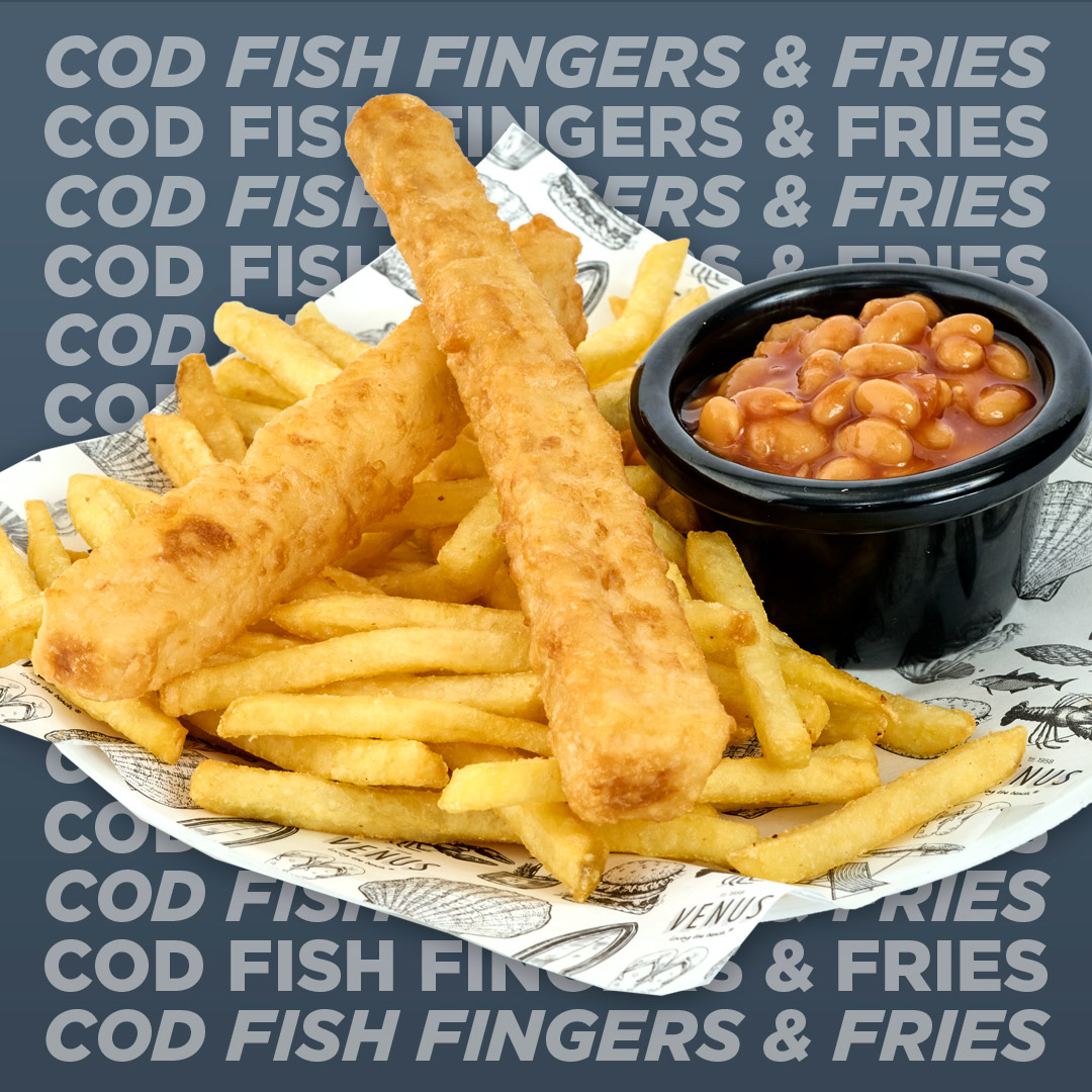 Cod fish fingers, fries & baked beans (MSC Certified)