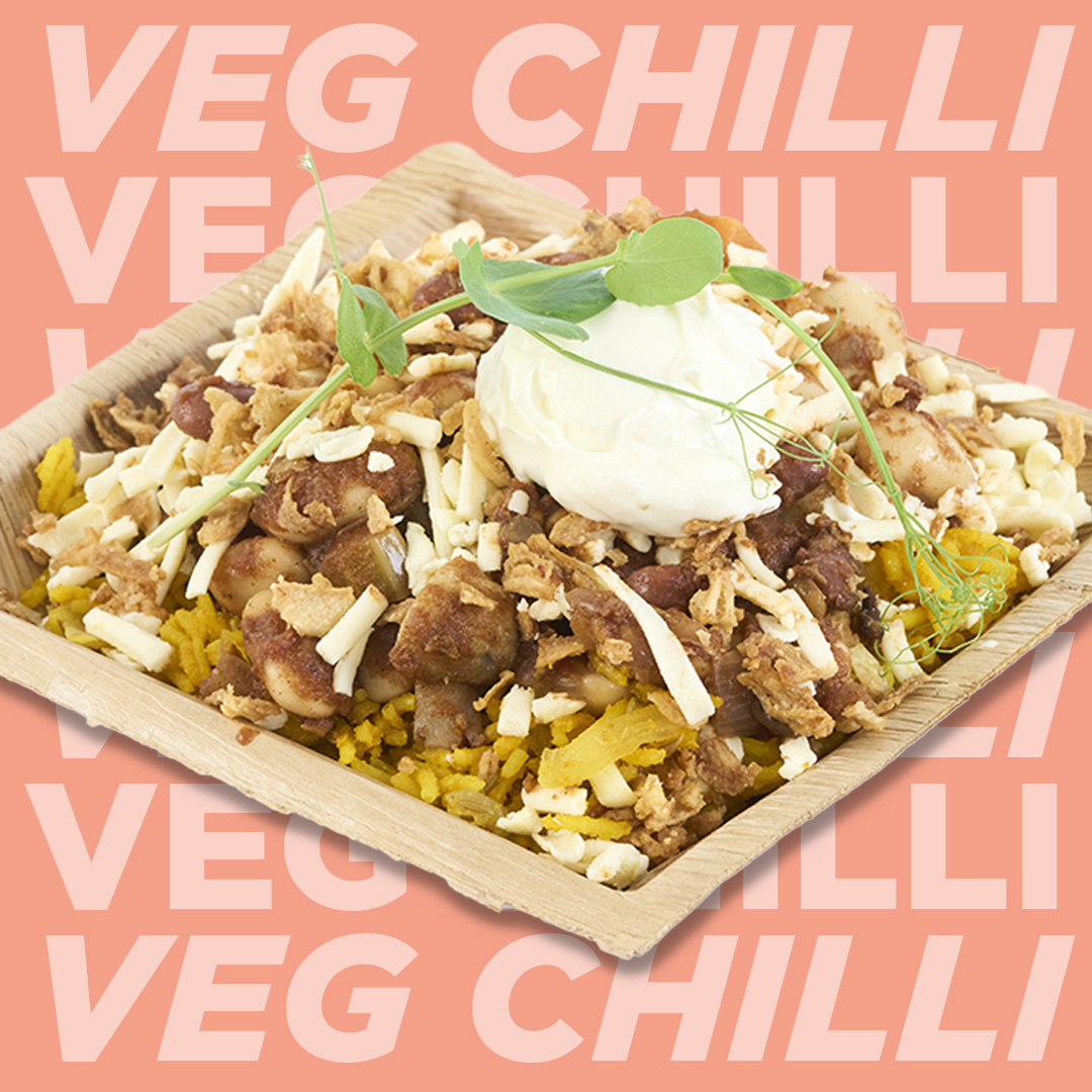 Venus Veg Chilli, turmeric black bean basmati rice, vegan cheddar, lime mayonnaise & onions bits